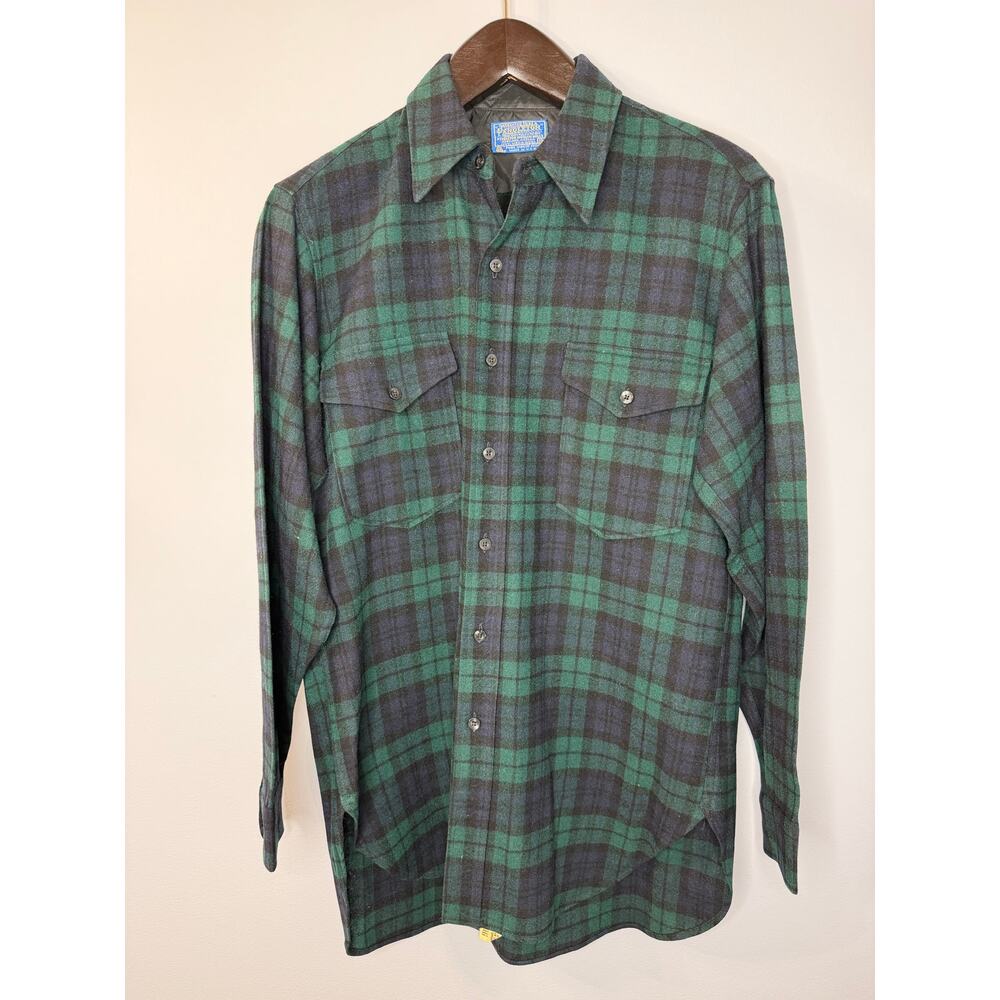 PENDLETON Vintage 60s Virgin Wool Green Tartan Plaid Flannel Shirt Mens 16 L USA - Picture 7 of 10